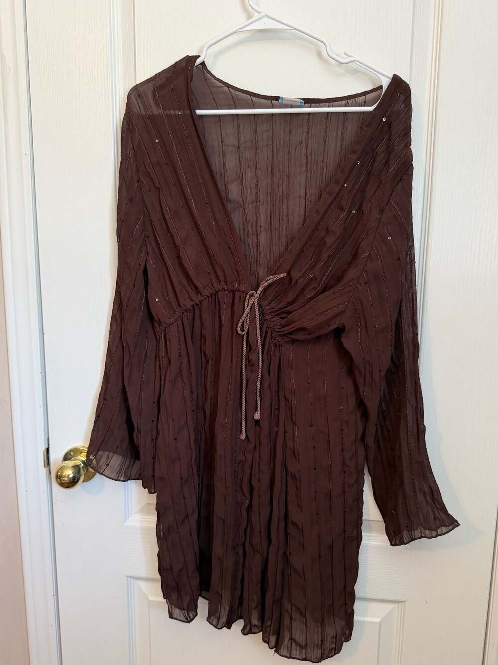 Dotti Brown Sheer V-Neck Long Sleeve Tie Front Cover Up Blouse XL